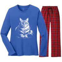 Cat In Lying Pose As Elegant Black And White Portrait Meaningful Gift Women's Long Sleeve Flannel Pajama Set 