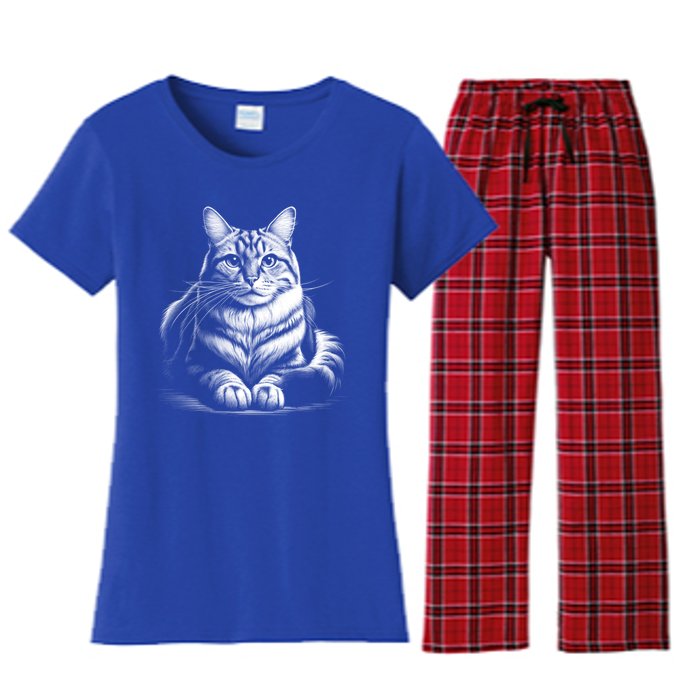 Cat In Lying Pose As Elegant Black And White Portrait Meaningful Gift Women's Flannel Pajama Set