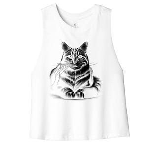 Cat In Lying Pose As Elegant Black And White Portrait Meaningful Gift Women's Racerback Cropped Tank