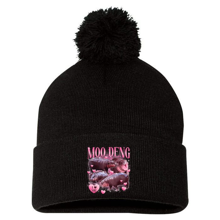 Cute I Love Moo Deng Baby Hippo Moo Deng I Heart Moo Deng Pom Pom 12in Knit Beanie