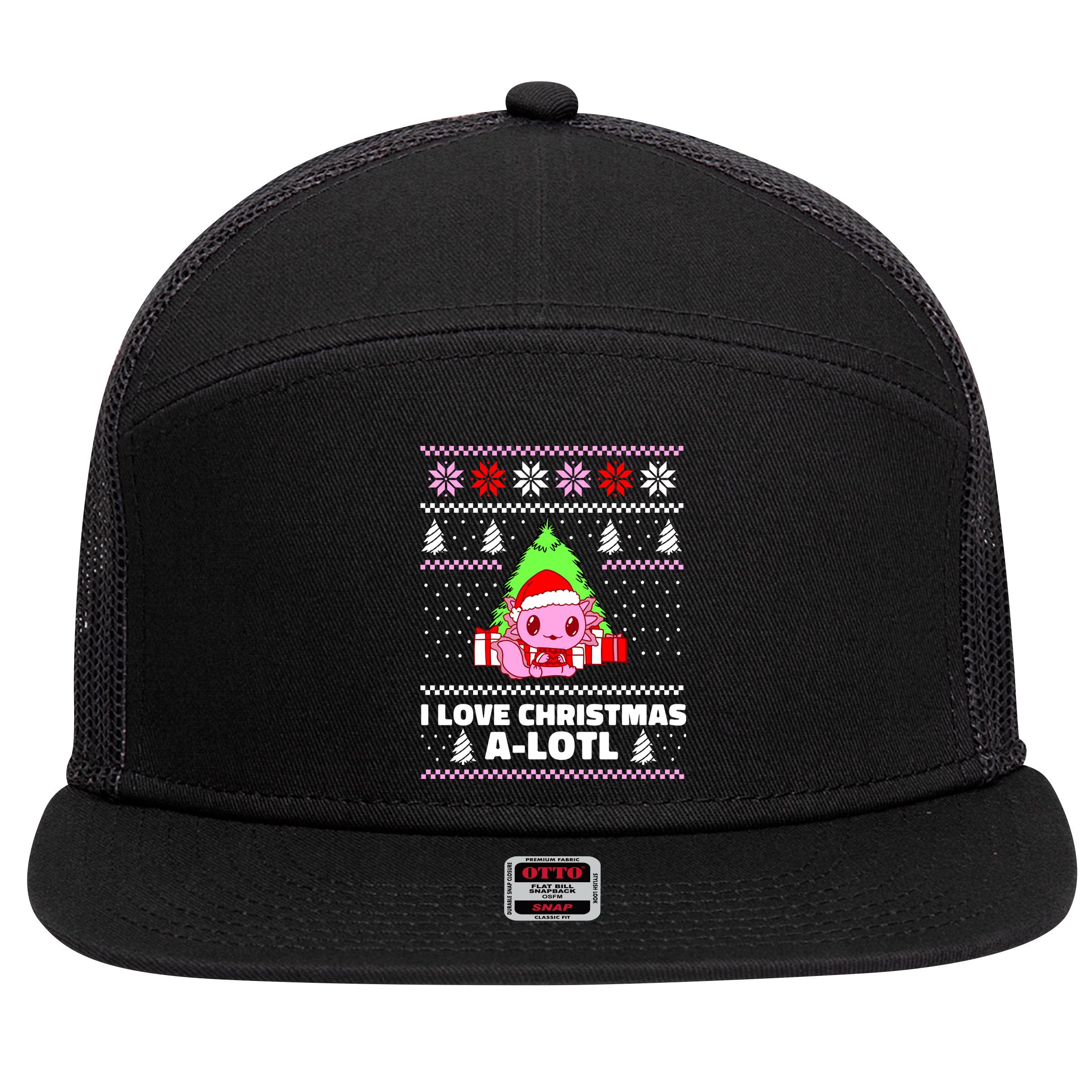 Cute I Love Christmas A Lotl Axolotl Funny Presents Ugly 7 Panel Mesh Trucker Snapback Hat