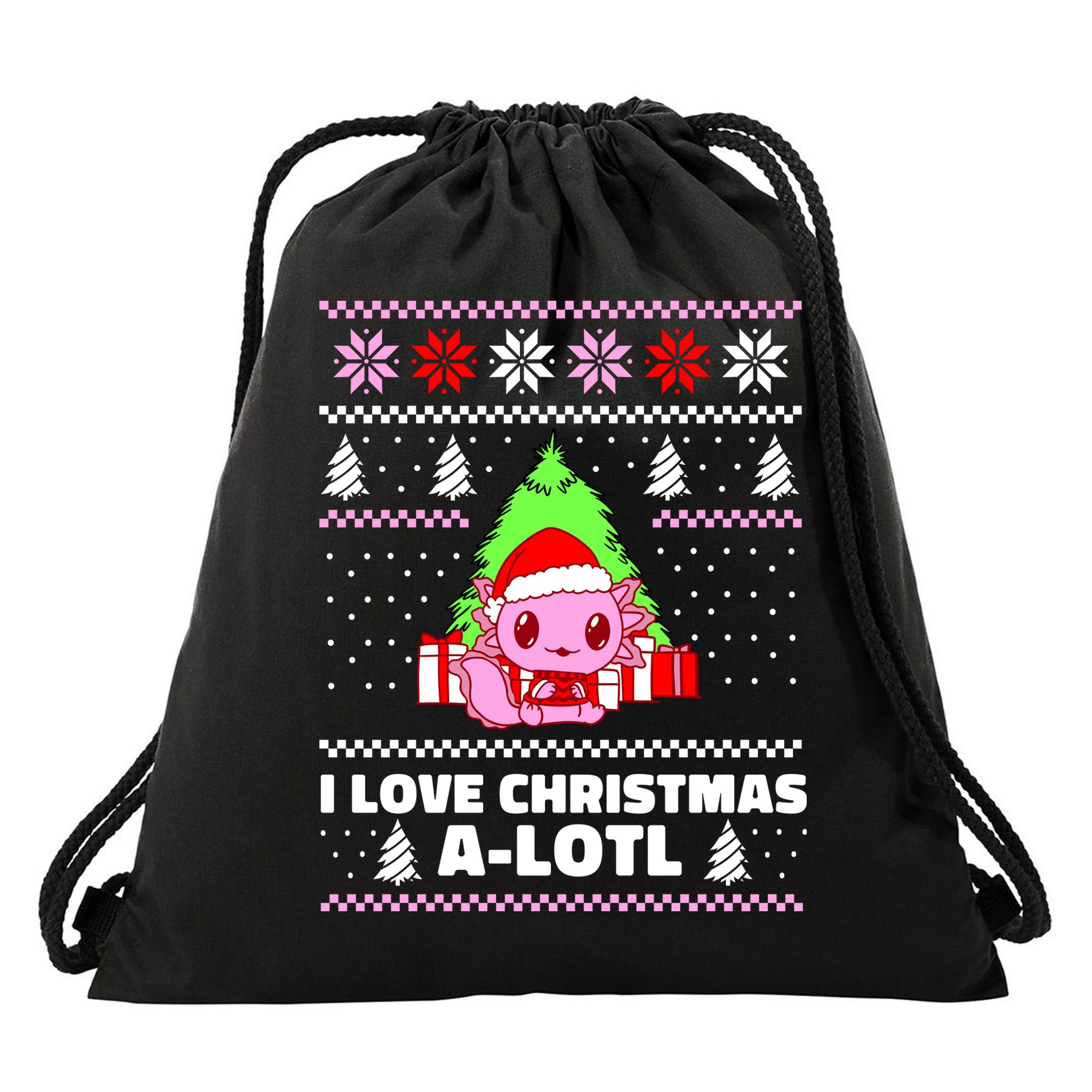 Cute I Love Christmas A Lotl Axolotl Funny Presents Ugly Drawstring Bag
