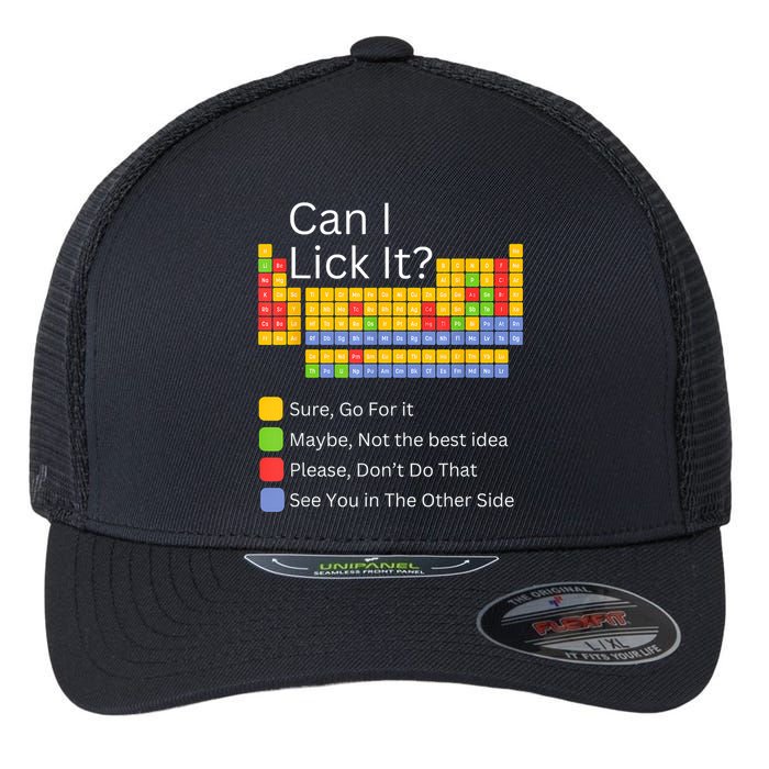 Can I Lick It Funny 100 Days Of School Periodic Table Flexfit Unipanel Trucker Cap