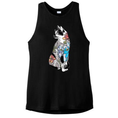 Cat In Lotus Tattoo Ladies PosiCharge Tri-Blend Wicking Tank