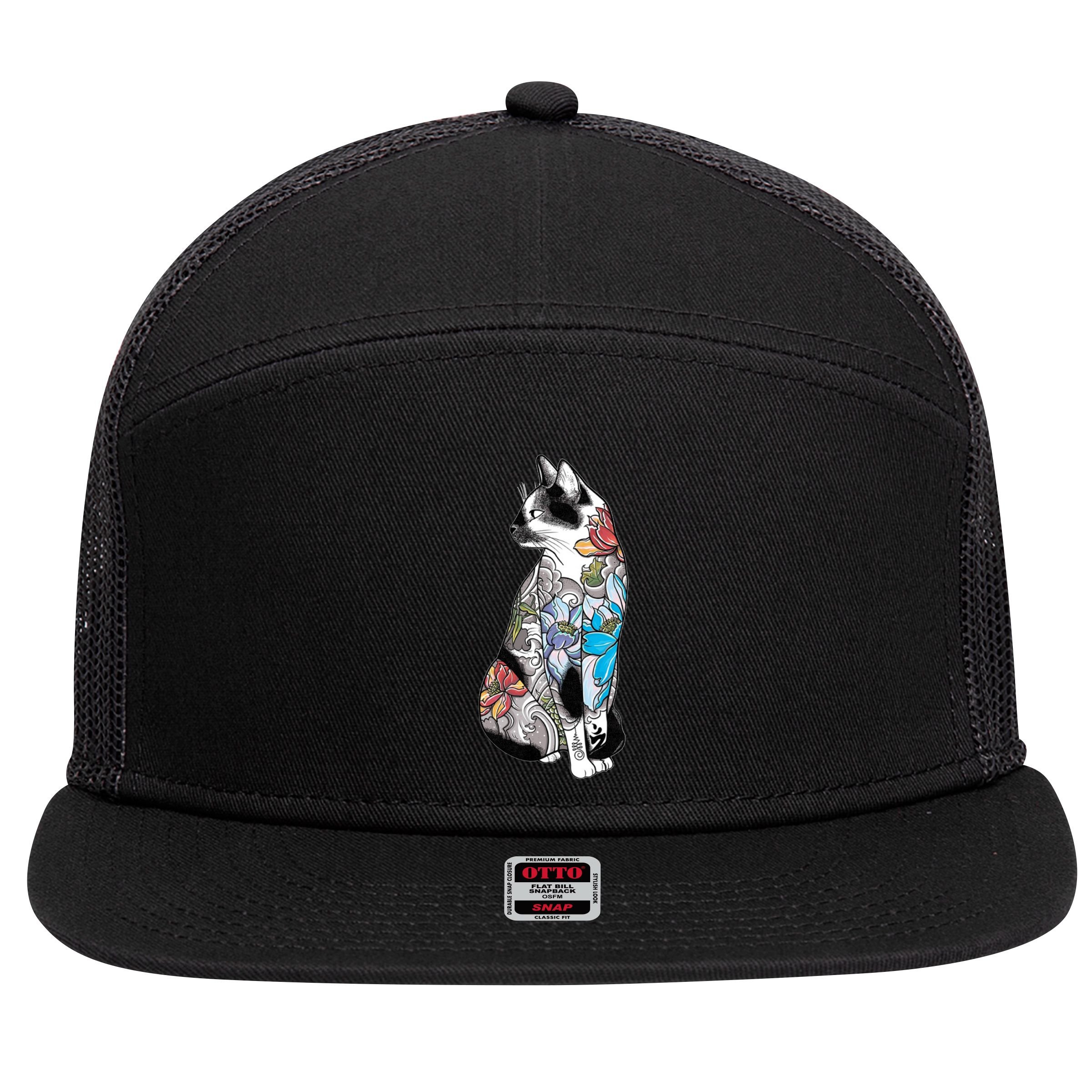 Cat In Lotus Tattoo 7 Panel Mesh Trucker Snapback Hat