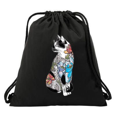 Cat In Lotus Tattoo Drawstring Bag