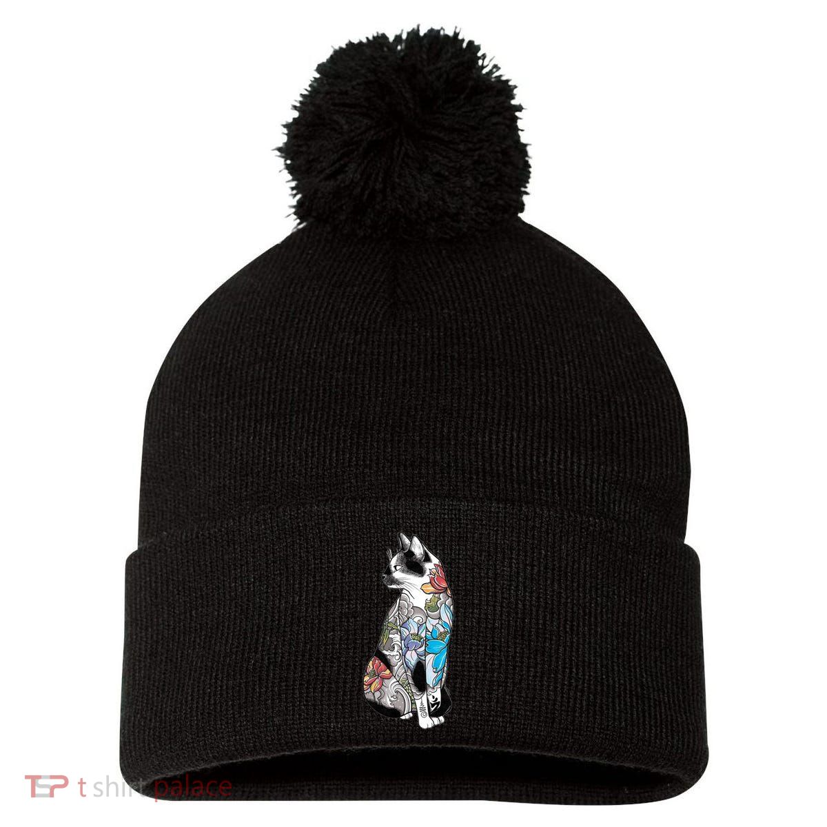 Cat In Lotus Tattoo Pom Pom 12in Knit Beanie