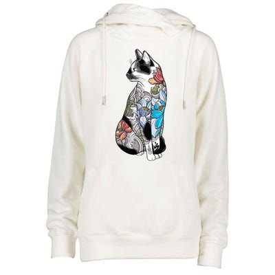 Cat In Lotus Tattoo Womens Funnel Neck Pullover Hood