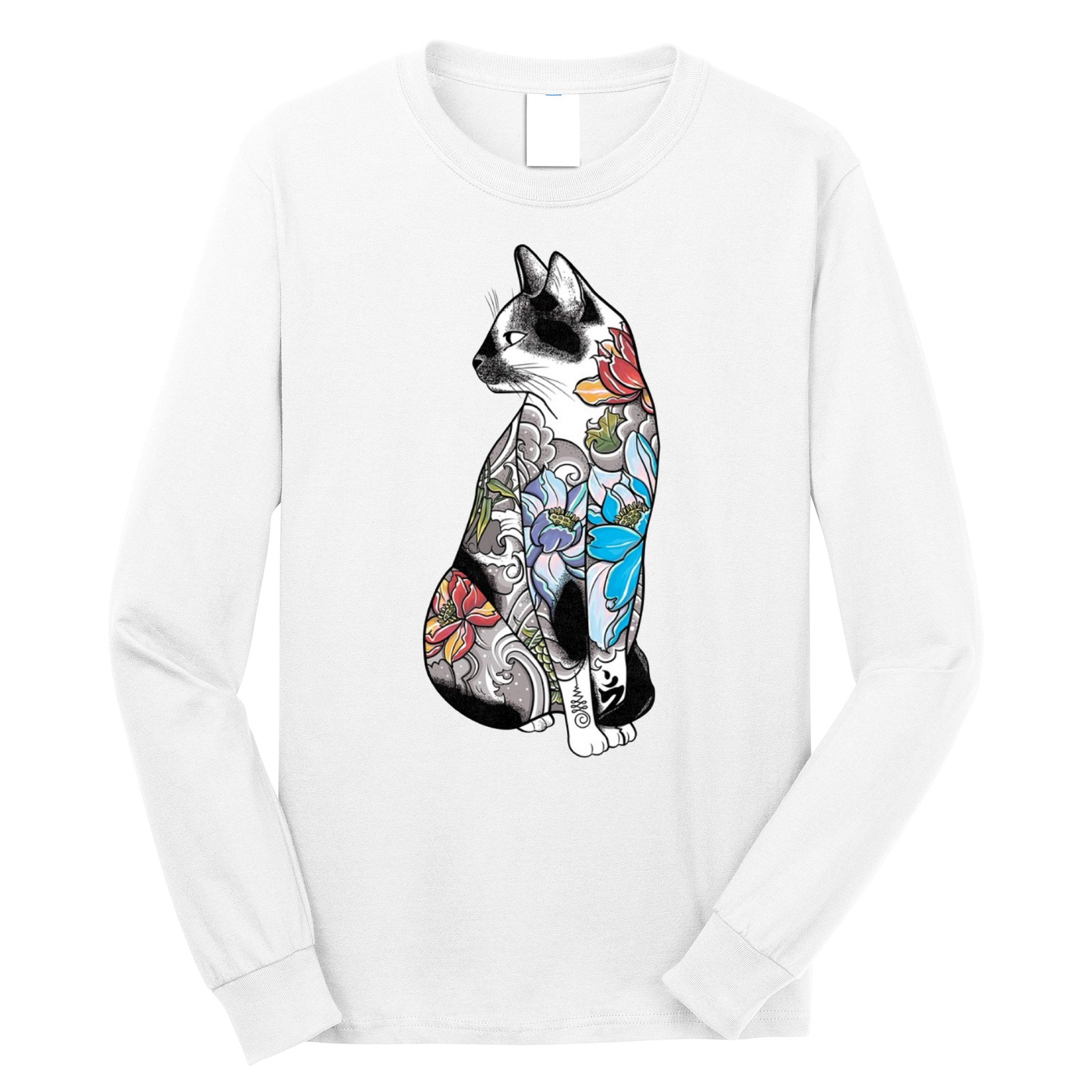 Cat In Lotus Tattoo Long Sleeve Shirt