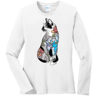 Cat In Lotus Tattoo Ladies Long Sleeve Shirt