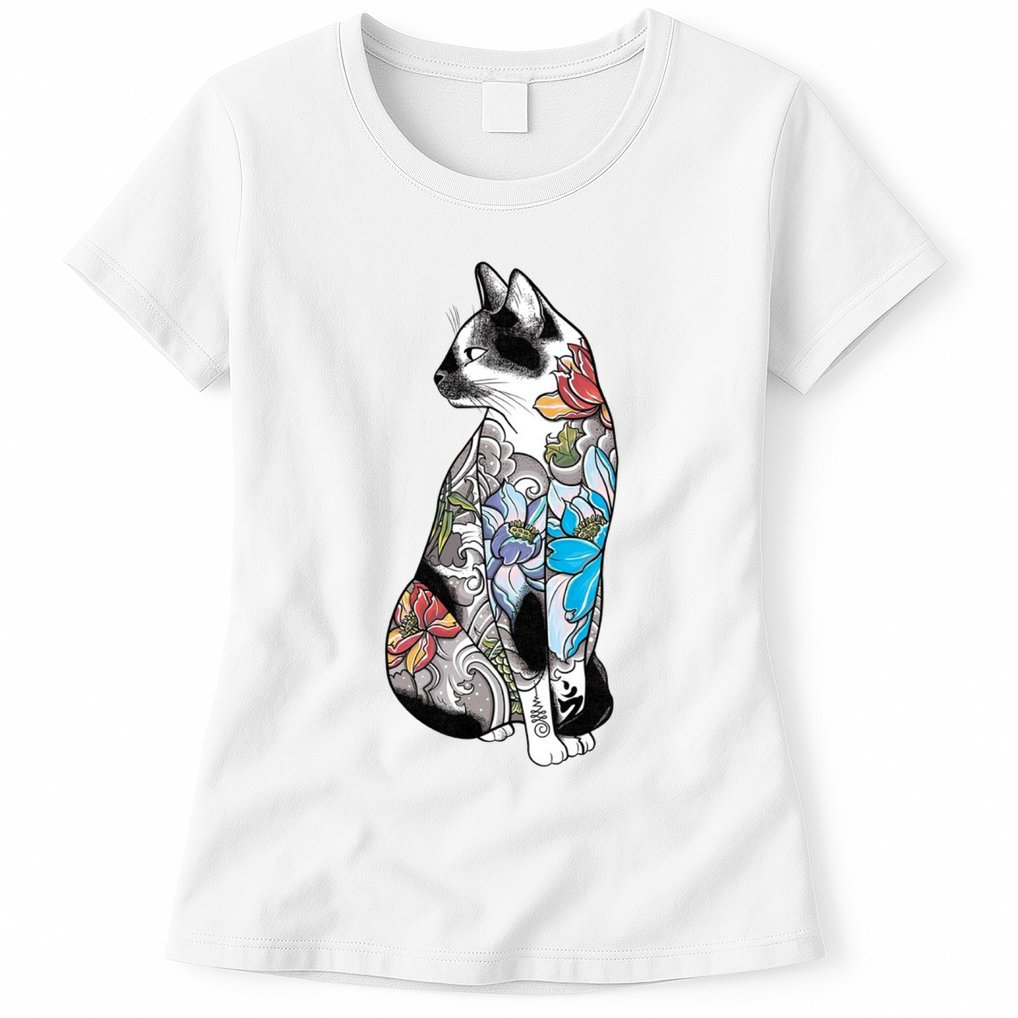 Cat In Lotus Tattoo Womens T-Shirt