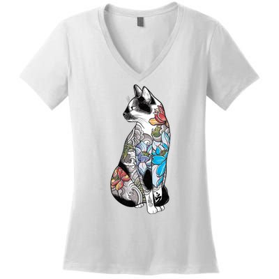 Cat In Lotus Tattoo Women's V-Neck T-Shirt