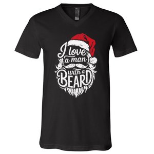 Christmas I Love A Man With A Beard Funny Santa Claus Grunge V-Neck T-Shirt