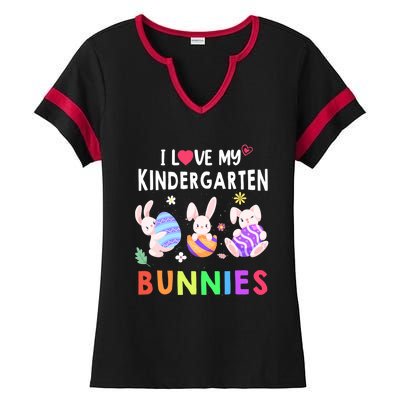 Cute I Love My Kindergarten Bunnies Teacher Happy Easter Day Gift Ladies Halftime Notch Neck Tee