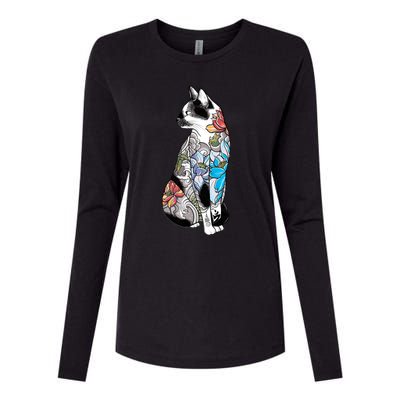 Cat In Lotus Tattoo Womens Cotton Relaxed Long Sleeve T-Shirt