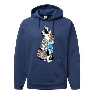 Cat In Lotus Tattoo Performance Fleece Hoodie