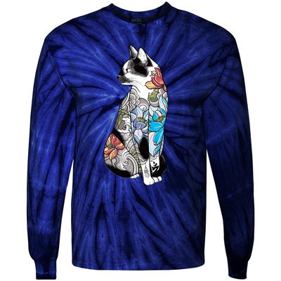 Cat In Lotus Tattoo Tie-Dye Long Sleeve Shirt