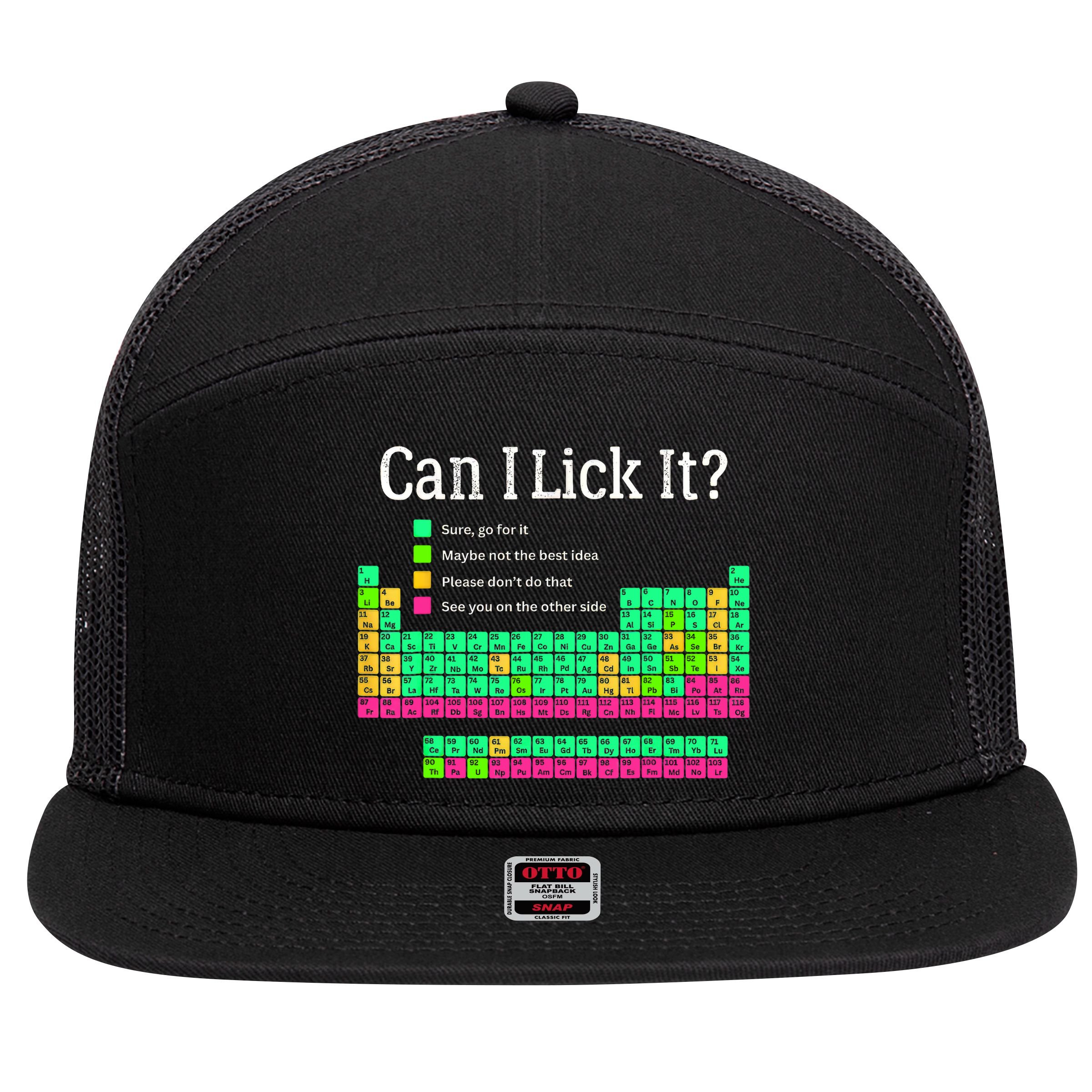 Can I Lick It Periodic Table Teacher Student  7 Panel Mesh Trucker Snapback Hat