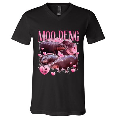 Cute I Love Moo Deng Baby Hippo Moo Deng I Heart Moo Deng V-Neck T-Shirt
