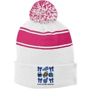 Cheer In My Cheerleader Era Cheer Coquette Football Stripe Pom Pom Beanie