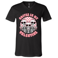 Coffee Is My Valentine Funny Skeleton V-Neck T-Shirt