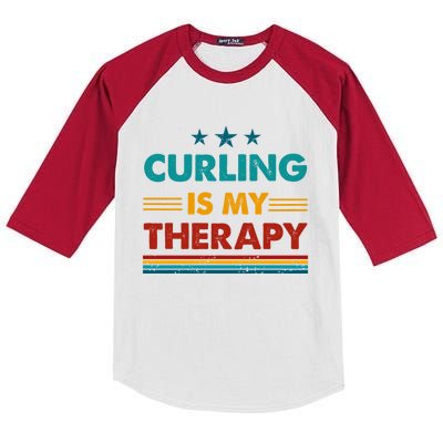 Curling Is My Therapy Funny Curling Gift Kids Colorblock Raglan Jersey