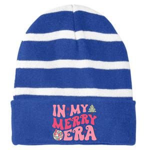 Christmas In My Merry Era Xmas Holiday Christmas  Striped Beanie with Solid Band