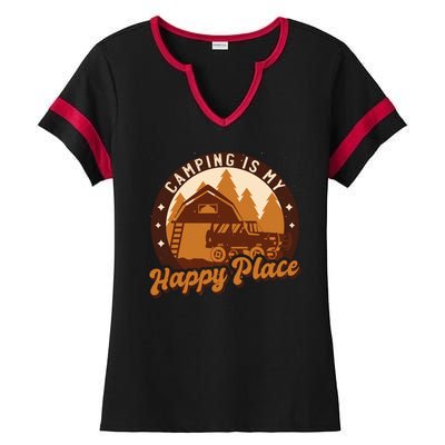 Camping Is My Happy Place Retro Ladies Halftime Notch Neck Tee