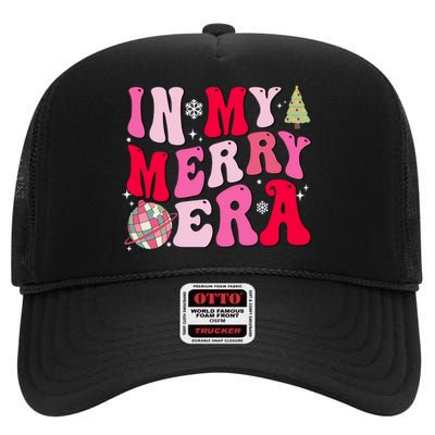 Christmas In My Merry Era Groovy Xmas Holiday Christmas 90s Long Sleeve High Crown Mesh Back Trucker Hat