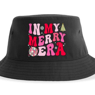 Christmas In My Merry Era Groovy Xmas Holiday Christmas 90s Long Sleeve Sustainable Bucket Hat