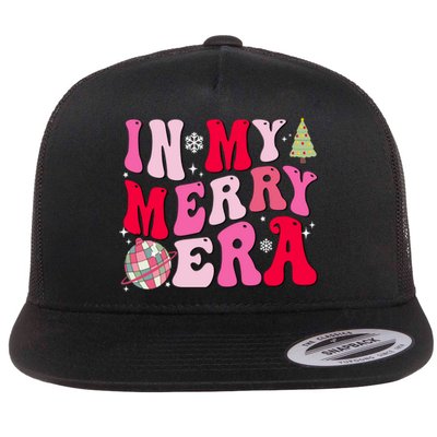 Christmas In My Merry Era Groovy Xmas Holiday Christmas 90s Long Sleeve Flat Bill Trucker Hat