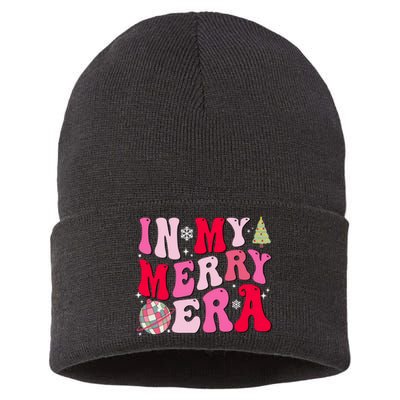 Christmas In My Merry Era Groovy Xmas Holiday Christmas 90s Long Sleeve Sustainable Knit Beanie