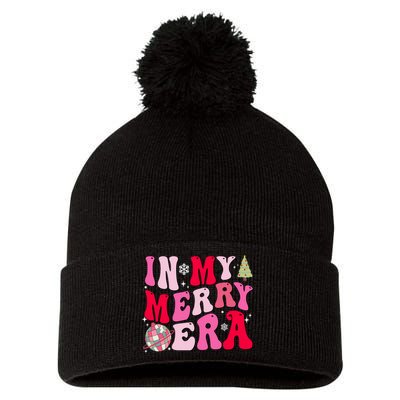 Christmas In My Merry Era Groovy Xmas Holiday Christmas 90s Long Sleeve Pom Pom 12in Knit Beanie