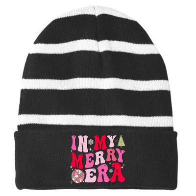 Christmas In My Merry Era Groovy Xmas Holiday Christmas 90s Long Sleeve Striped Beanie with Solid Band