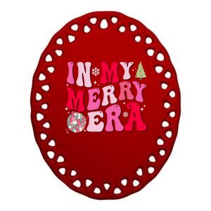 Christmas In My Merry Era Groovy Xmas Holiday Christmas 90s Long Sleeve Ceramic Oval Ornament