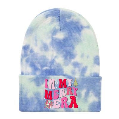 Christmas In My Merry Era Groovy Xmas Holiday Christmas 90s Long Sleeve Tie Dye 12in Knit Beanie