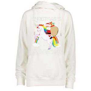 Christmas Is Magical Santa Claus Riding Unicorn Funny Gifts Womens Funnel Neck Pullover Hood