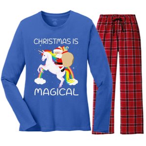 Christmas Is Magical Santa Claus Riding Unicorn Funny Gifts Women's Long Sleeve Flannel Pajama Set 