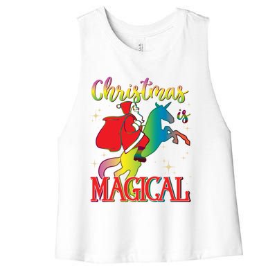 Christmas Is Magical Santa Riding Unicorn Holiday Graphic Cute Gift Women's Racerback Cropped Tank