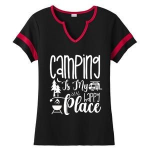 Camping Is My Happy Place Funny Camping Ladies Halftime Notch Neck Tee