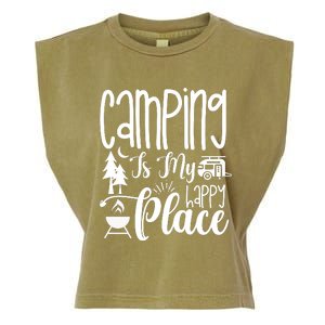 Camping Is My Happy Place Funny Camping Garment-Dyed Women's Muscle Tee