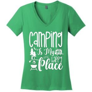 Camping Is My Happy Place Funny Camping Women's V-Neck T-Shirt