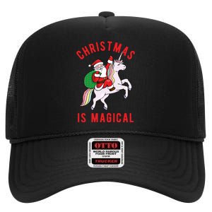 Christmas Is Magical Unicorn Santa Claus High Crown Mesh Back Trucker Hat