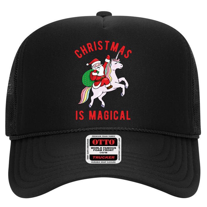 Christmas Is Magical Unicorn Santa Claus High Crown Mesh Back Trucker Hat