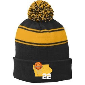 Clark Iowa Map 22 Basketball Lover Stripe Pom Pom Beanie