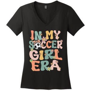 Cute In My Soccer Era Retro Groovy Soccer Women's V-Neck T-Shirt