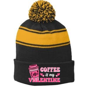 Coffee Is My Valentine Retro Cute Stripe Pom Pom Beanie