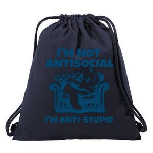 Cat Im Not Antisocial Im Anti Stupid Blue Drawstring Bag