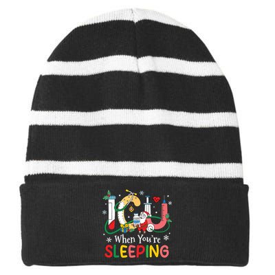 Christmas Icu Nurse Crew Santa Icu When Yourre Sleeping Striped Beanie with Solid Band