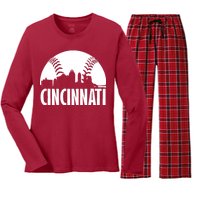 Cincinnati Baseball Skyline Women's Long Sleeve Flannel Pajama Set 